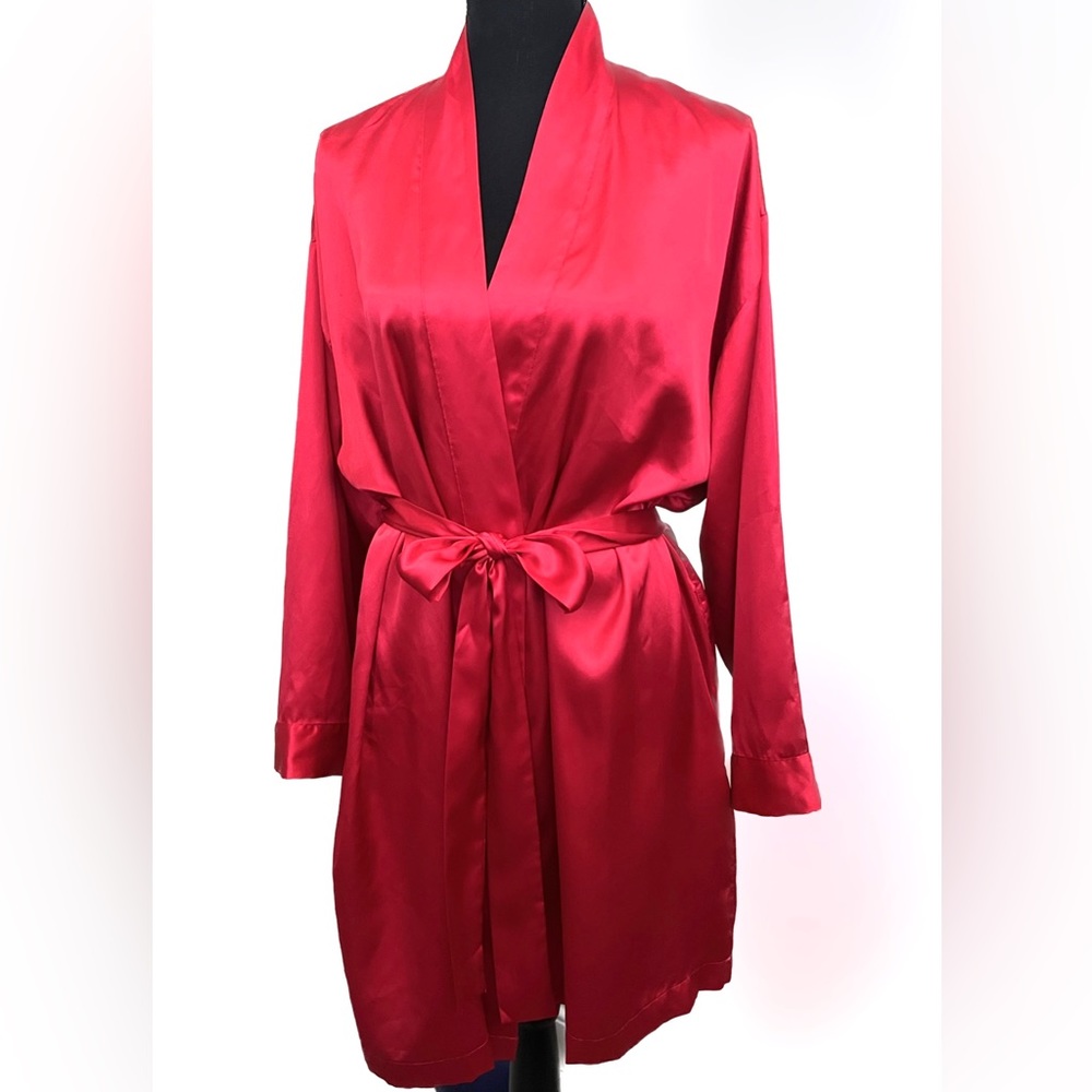 Victoria's Secret Satin Robe in Red long sleeve attached tie one size pockets
